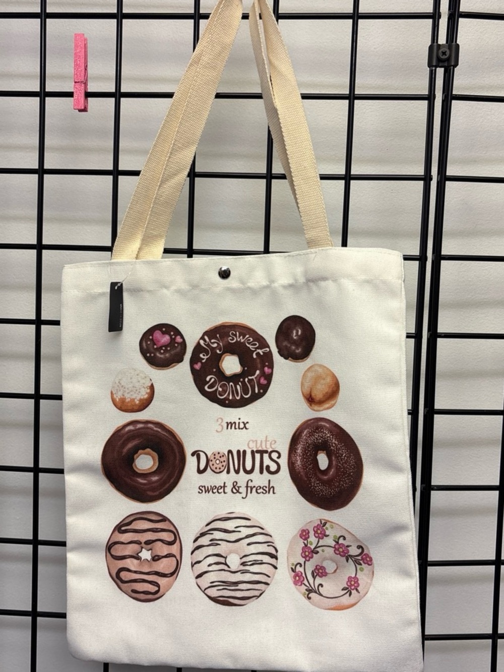 Canvas Donut Print Tote Bag - off White